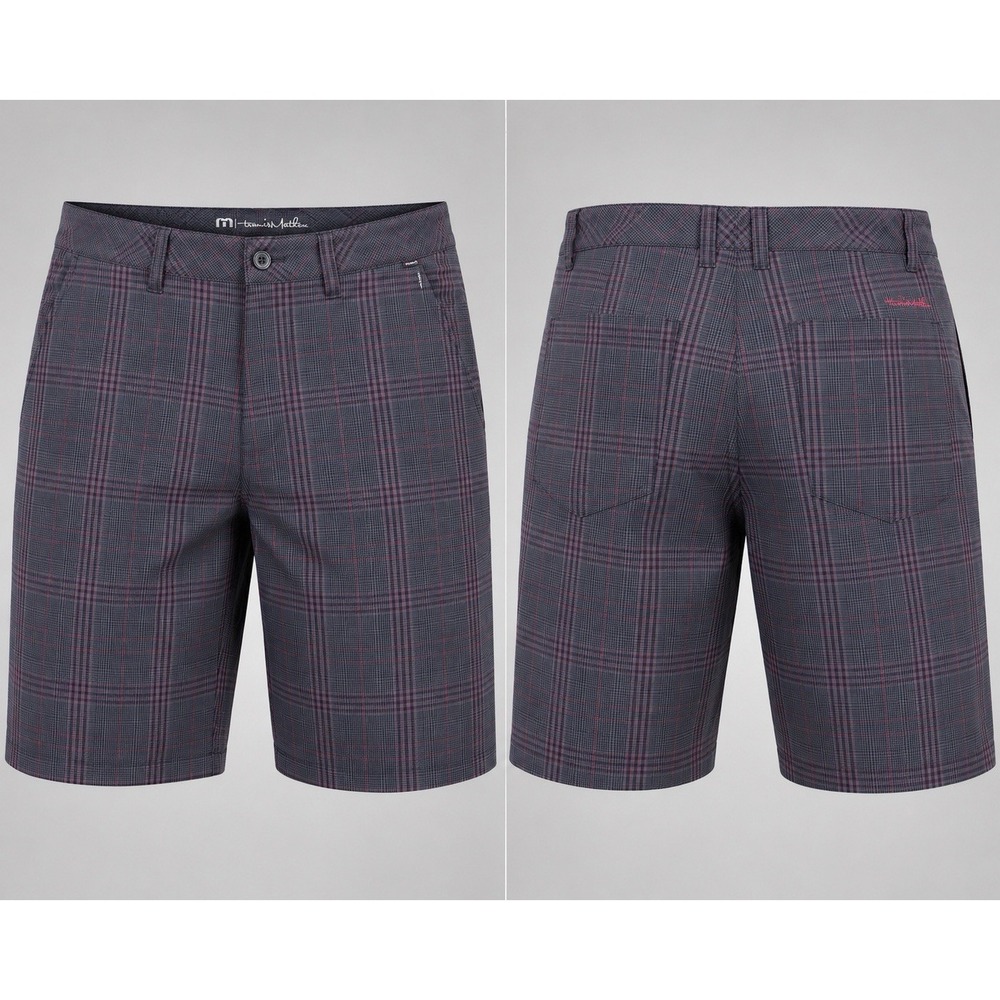 TravisMathew Golf Shorts Mens 38 Black Gray Plaid Windowpane  Performance 9"